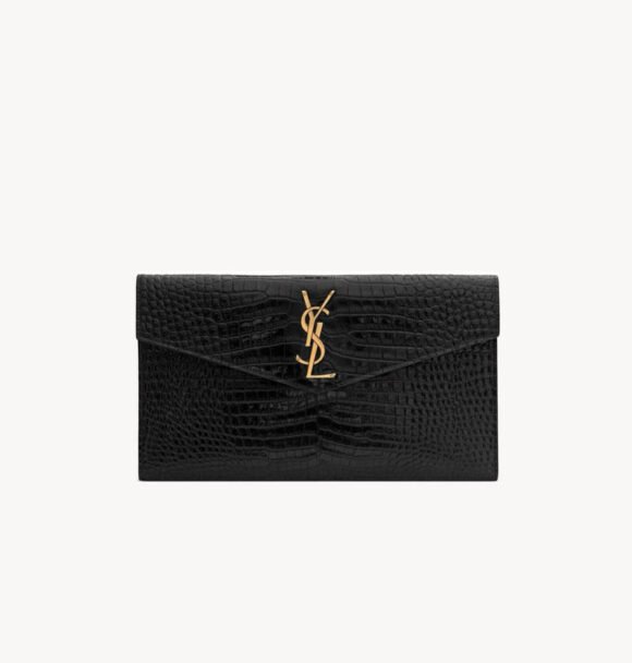 Saint Laurent Uptown Pouch – Croc‑Embossed Shiny Leather