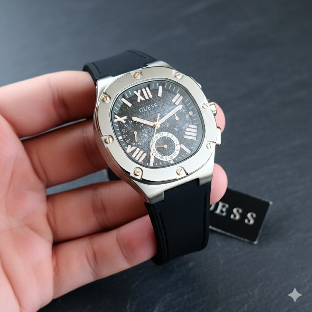 GUESS Black Silicone Multi-Function Watch – Roman Dial