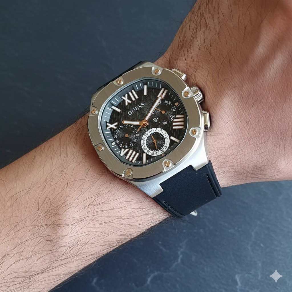 GUESS Black Silicone Multi-Function Watch – Roman Dial - Image 5