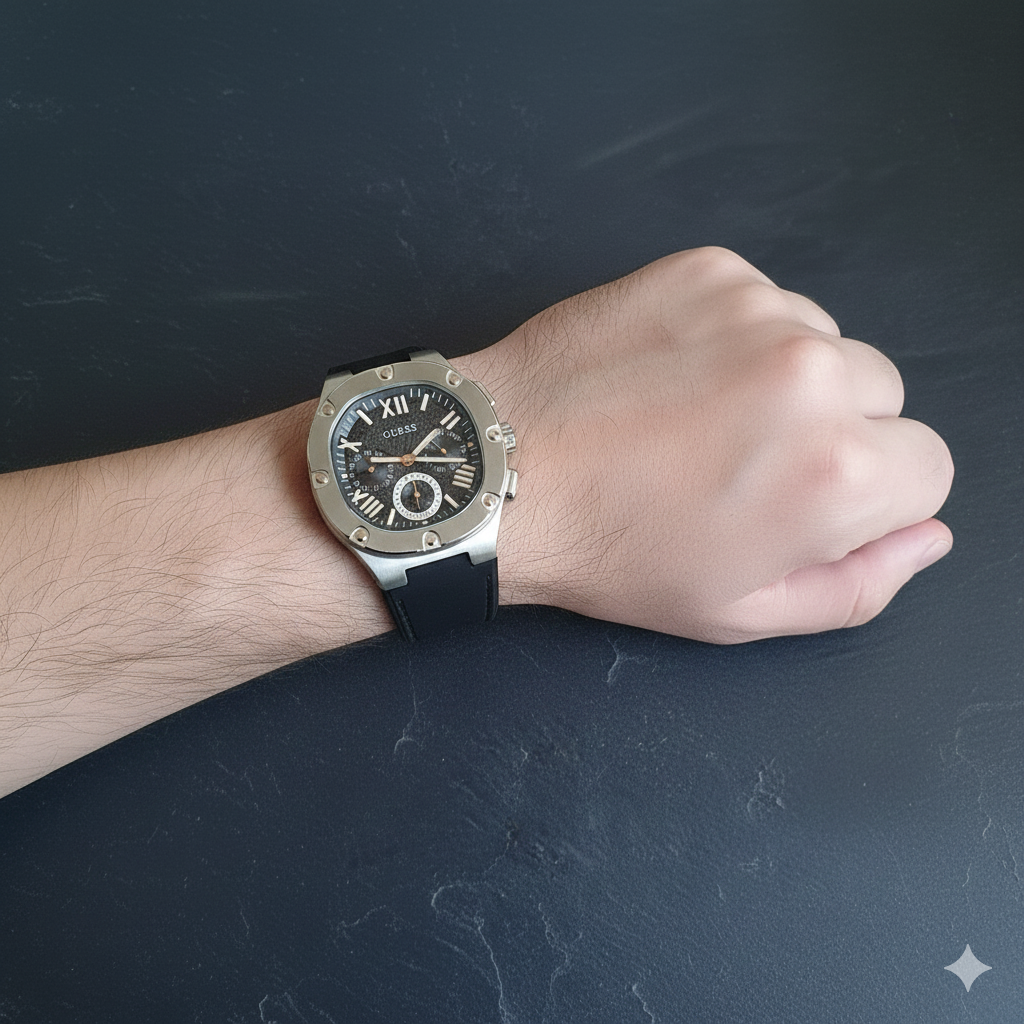 GUESS Black Silicone Multi-Function Watch – Roman Dial - Image 2