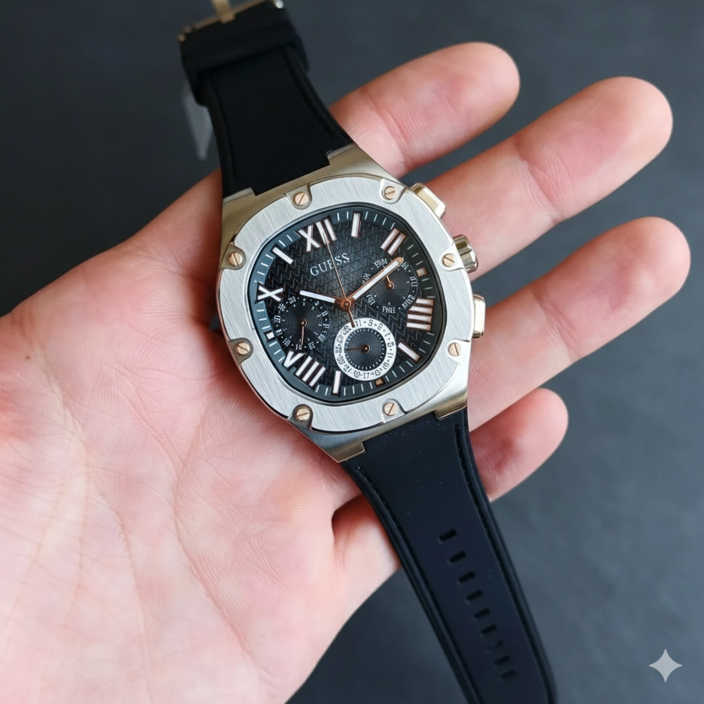 GUESS Black Silicone Multi-Function Watch – Roman Dial - Image 3