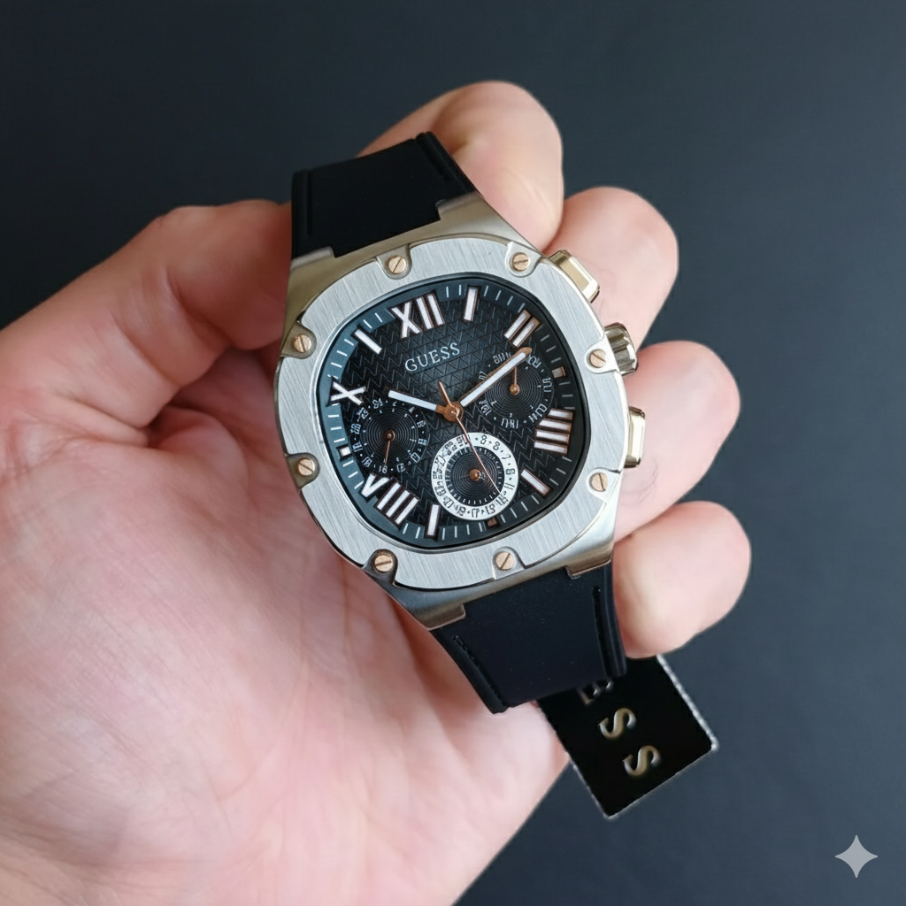 GUESS Black Silicone Multi-Function Watch – Roman Dial - Image 6