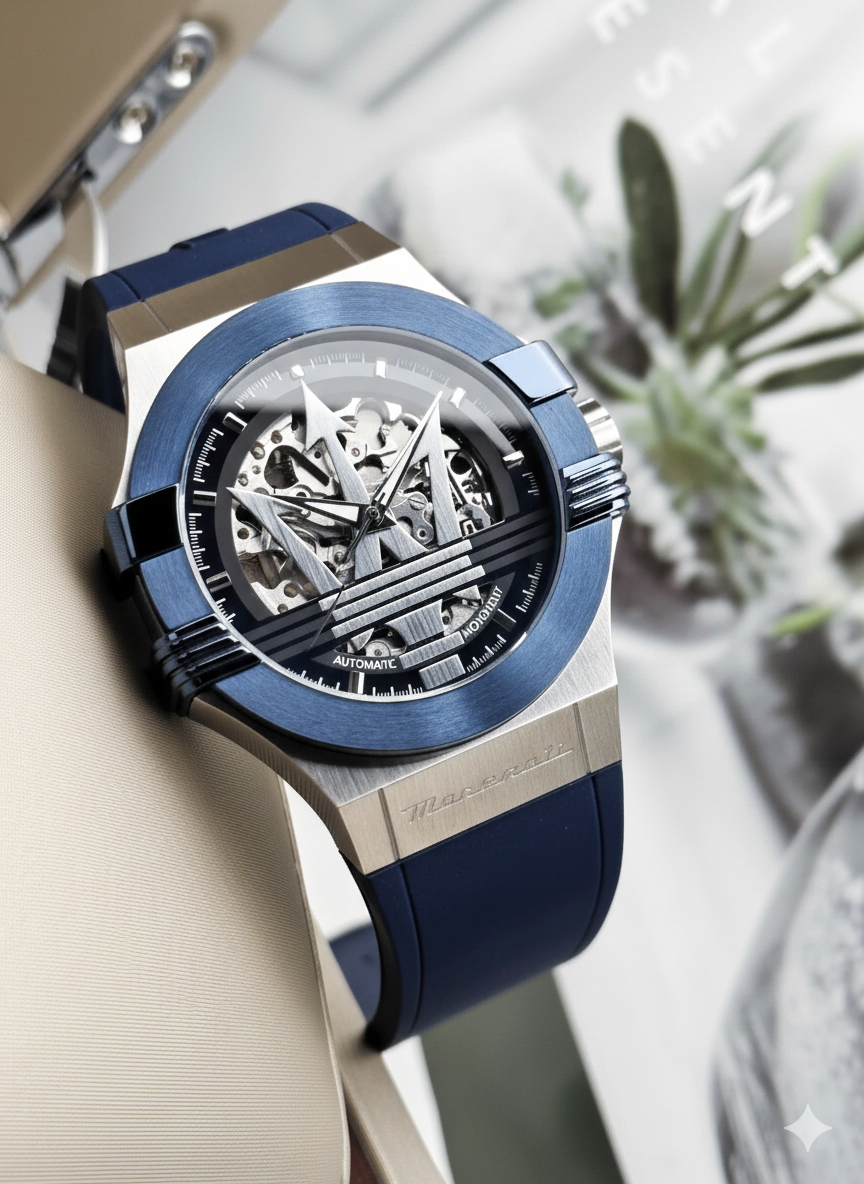 Maserati Men’s Automatic Skeleton Watch – Blue Dial & Rubber Strap - Image 3