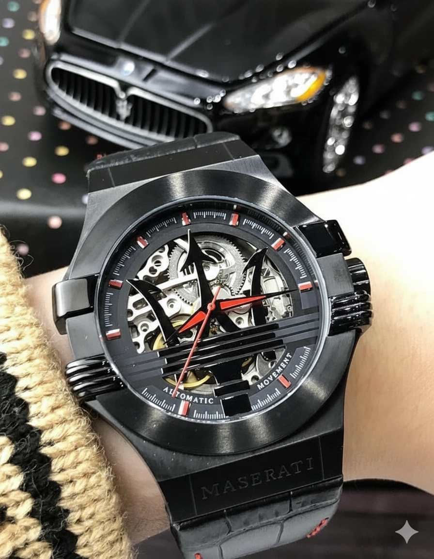 Maserati Men’s Automatic Skeleton Watch – Black Case, Leather Strap with Red Stitching - Image 3