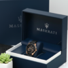 Maserati Men’s Chronograph Watch – Black Dial, Rose Gold Bezel, Leather Strap