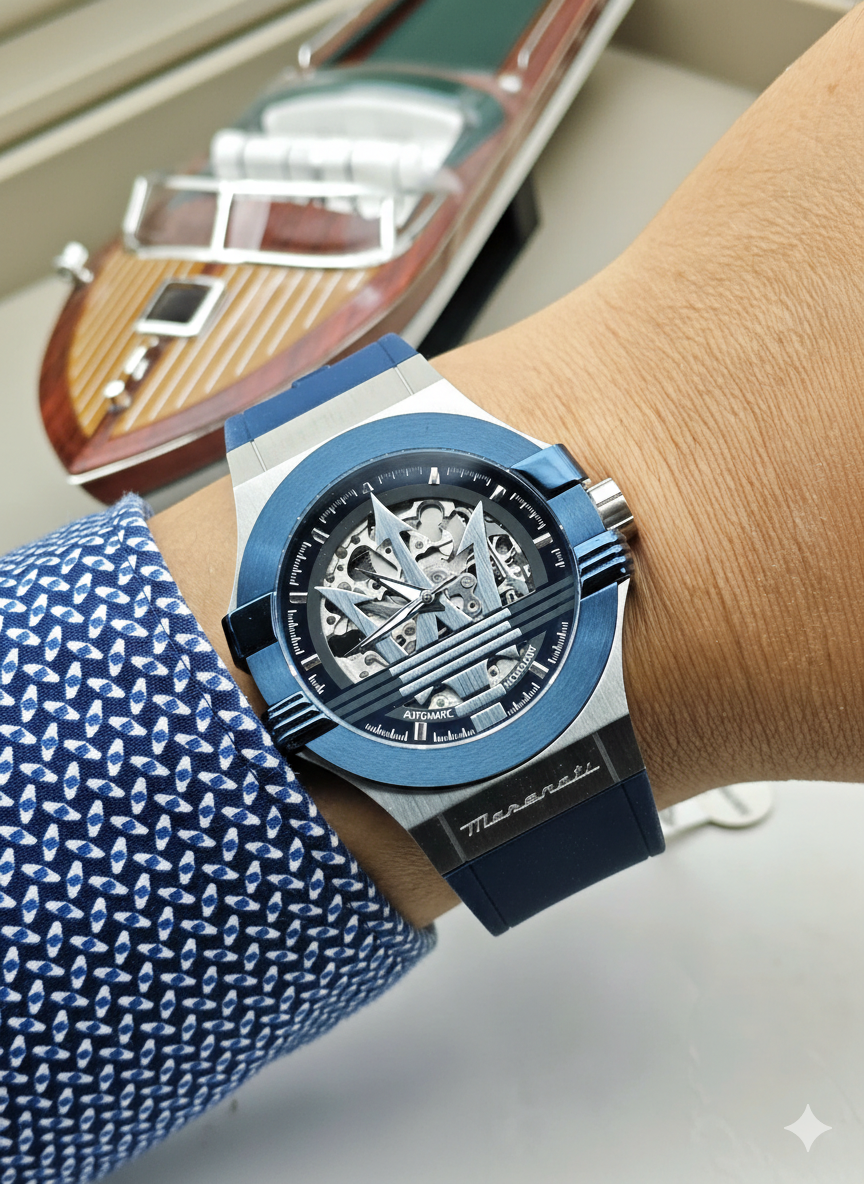 Maserati Men’s Automatic Skeleton Watch – Blue Dial & Rubber Strap