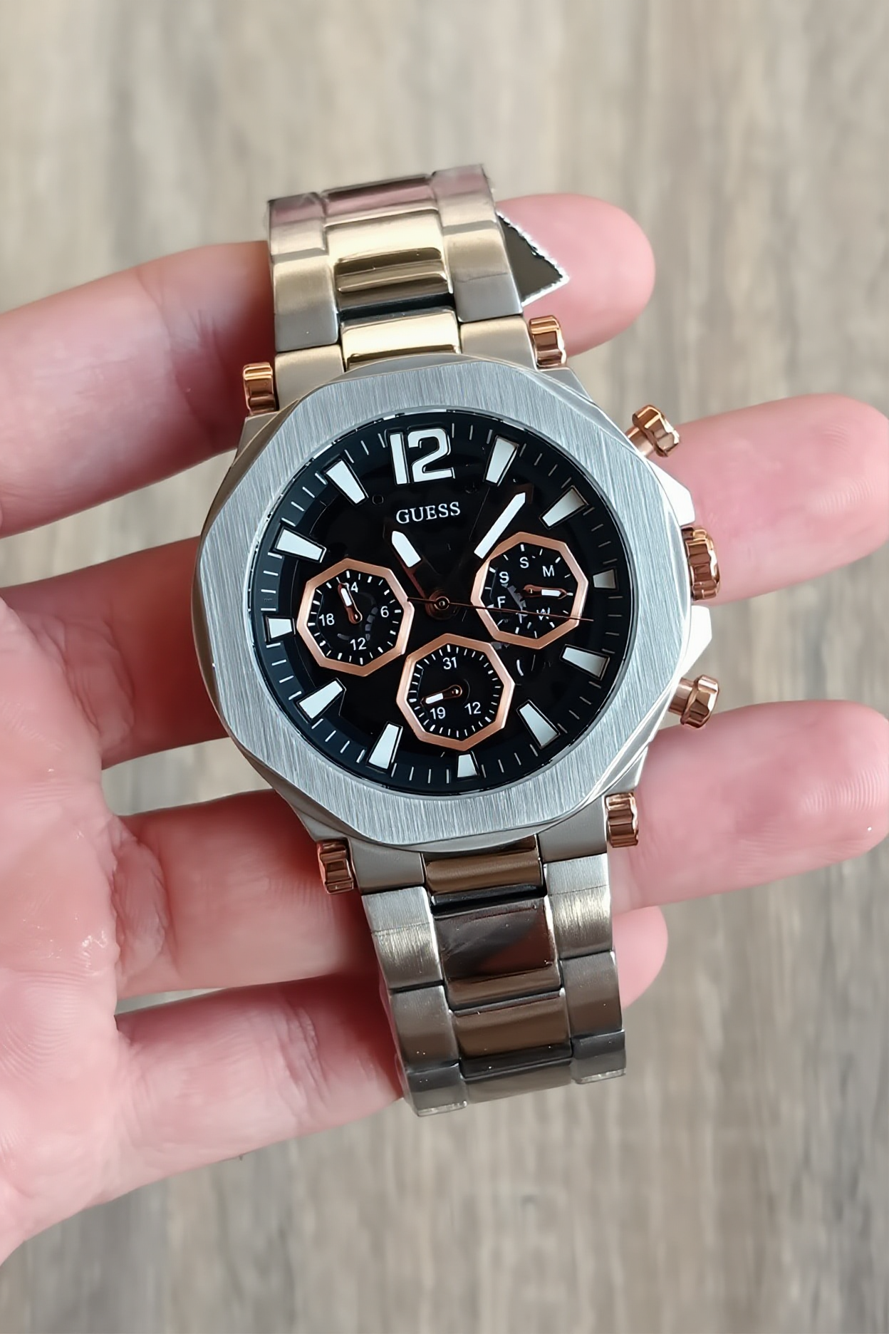 GUESS Two-Tone Hexagon Multi-Function Watch – Black Dial - Image 2