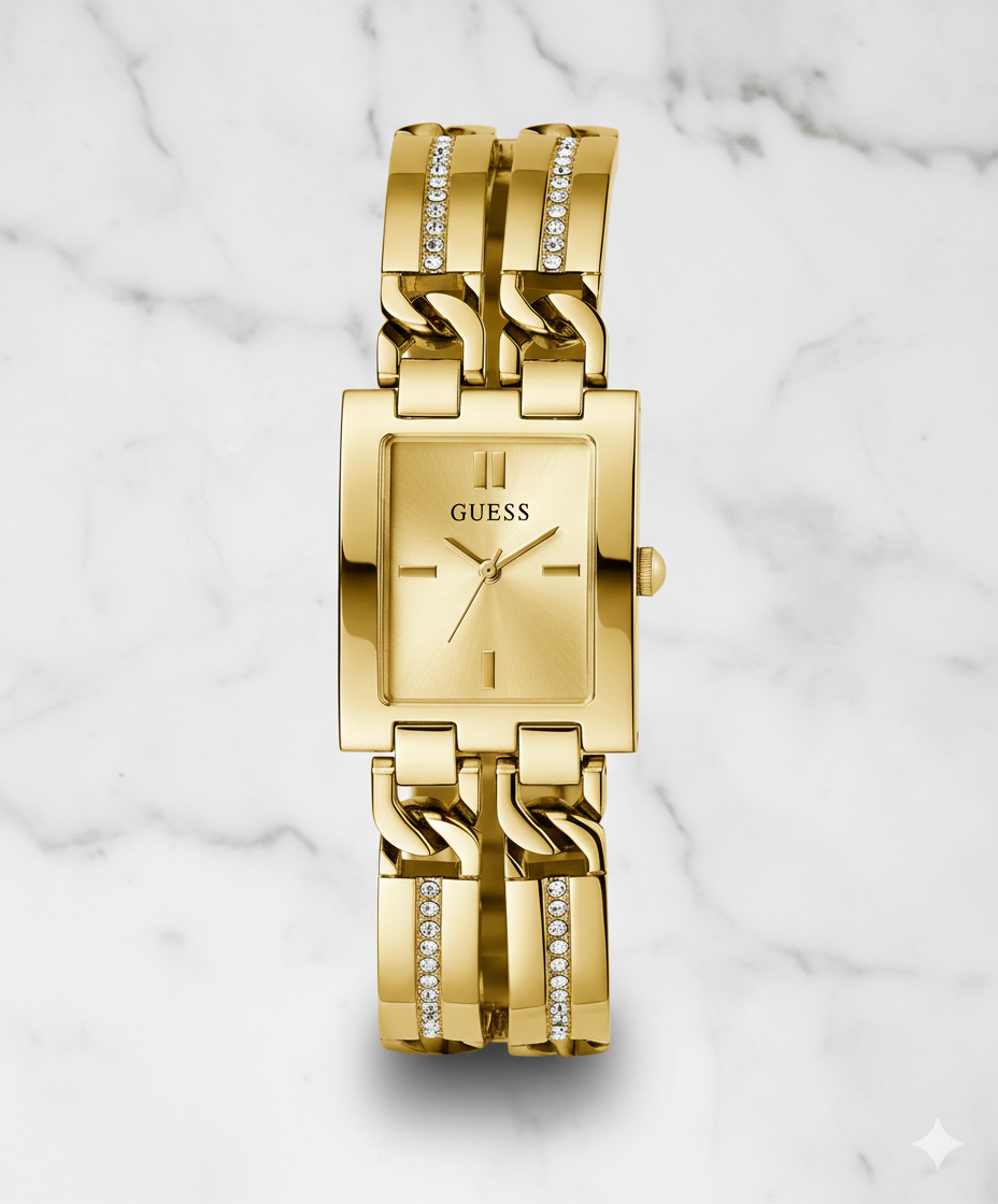 GUESS Rectangular Gold Watch – Geometric Elegance, Irresistible Brilliance