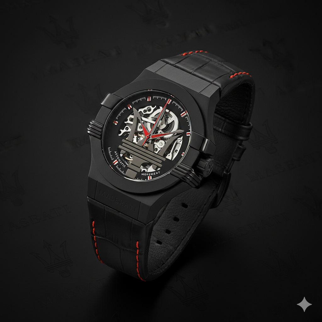 Maserati Men’s Automatic Skeleton Watch – Black Case, Leather Strap with Red Stitching